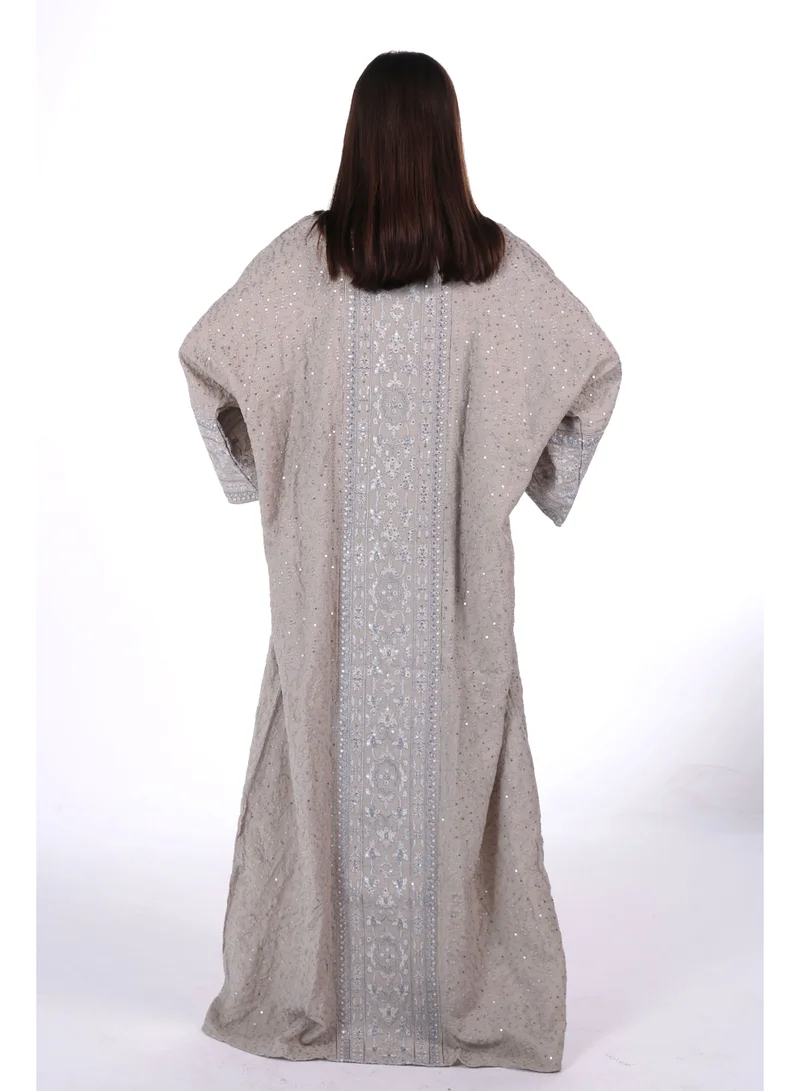 AL BENT AL SHARQIEH khaki beige Embroidered Linen Jalabiya dress with unvisible belt for Women | Best Price UAE